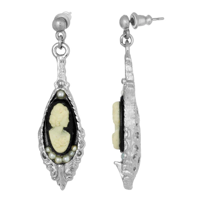 Best Clean Earrings-1928 Jewelry Black and White Cameo Faux Pearl Post Drop Earrings