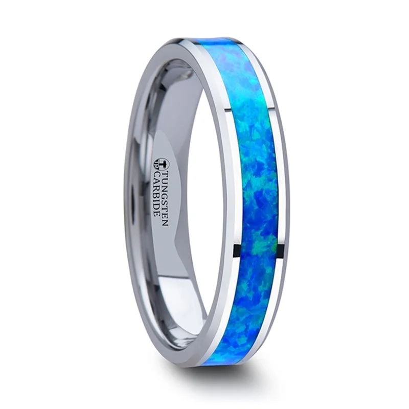 Fierce Rings For Bite-Tungsten Women's Wedding Band with Blue & Green Opal Inlay