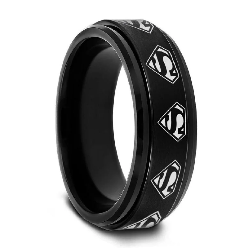 Elite Rings For Extravagant Taste-Superman Shield Spinner Black Tungsten Wedding Band