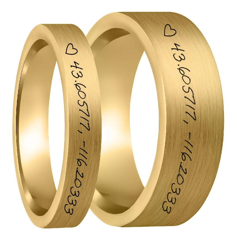 Rings Dimension Variety-Custom Handwritten Coordinates Brushed Gold Tungsten Couple's Matching Ring Set