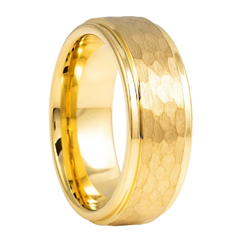 Rings For Sunny Looks-Hammered Gold Tungsten Men's Wedding Band