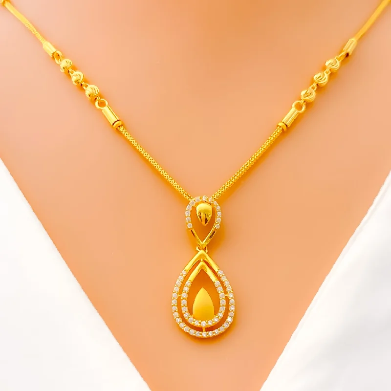 Necklaces For Thick Fits-Dazzling Dual Drop 22k Gold CZ Necklace Set