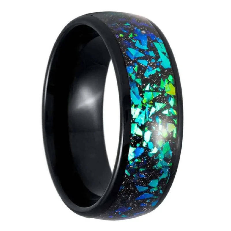 Rings For Sunset Strolls-Blue Opal Galaxy Inlaid Black Tungsten Men's Wedding Band