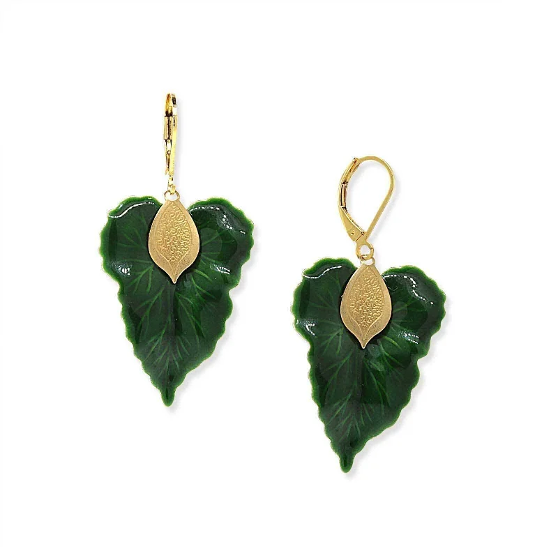 Earrings Gem Choices-1928 Jewelry Green Enamel Leaf Lever Back Earrings