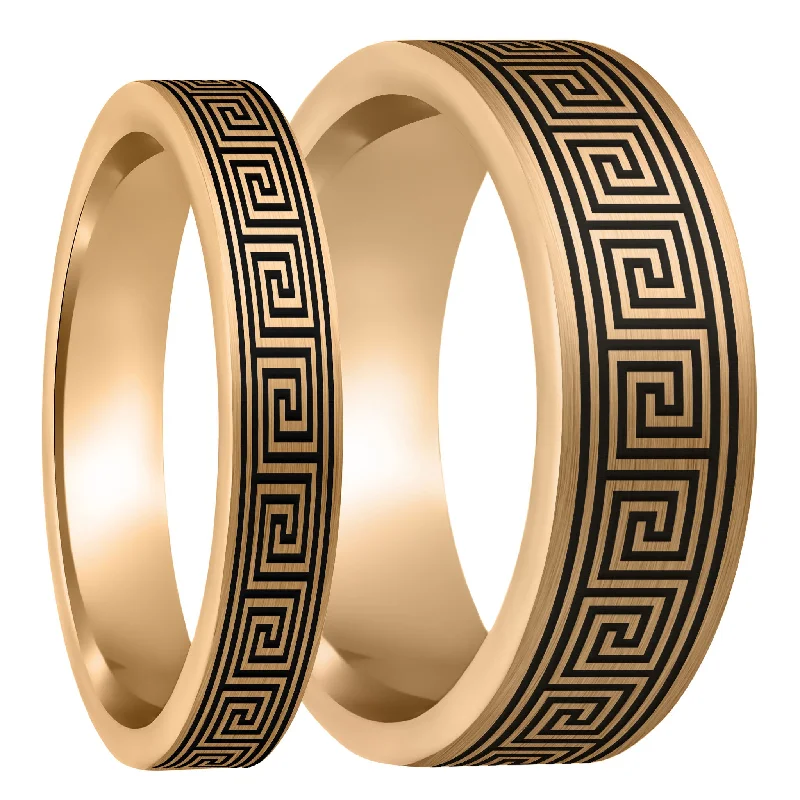 Rings For Twilight Glow-Greek Key Brushed Rose Gold Tungsten Couple's Matching Wedding Band Set