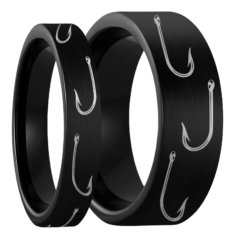 Steady Glow Rings-Fishing Hook Brushed Black Tungsten Couple's Matching Wedding Band Set