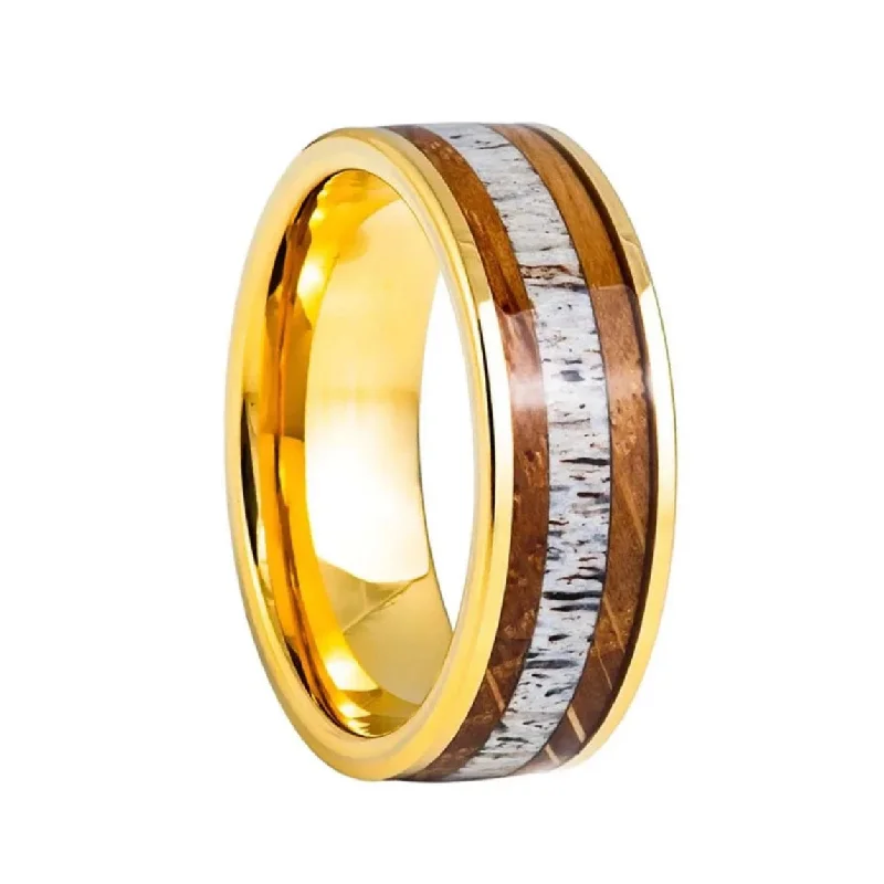 Rings For Whispering Elegance-Dual Whiskey Barrel & Antler Inlay Gold Tungsten Men's Wedding Band