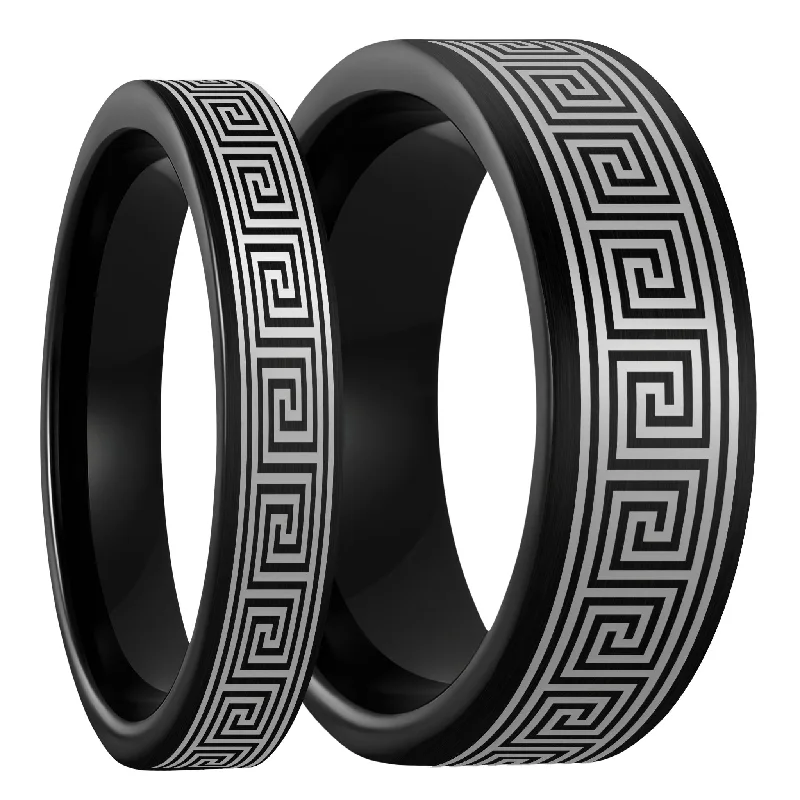 Rings With Prismatic Shine-Greek Key Brushed Black Tungsten Couple's Matching Wedding Band Set