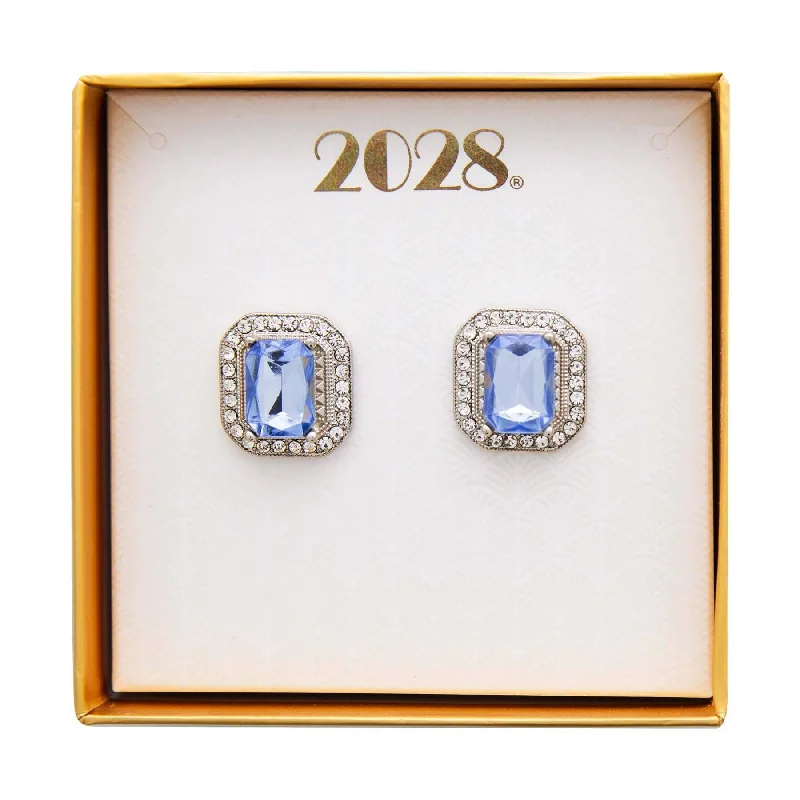 Earrings For Lean Ears-2028 Jewelry Light Sapphire Blue with Crystal Octagon Button Earrings