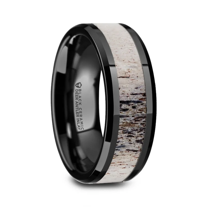 Rings For Intimate Vibes-Black Ceramic Men's Wedding Band with Ombre Deer Antler Inlay