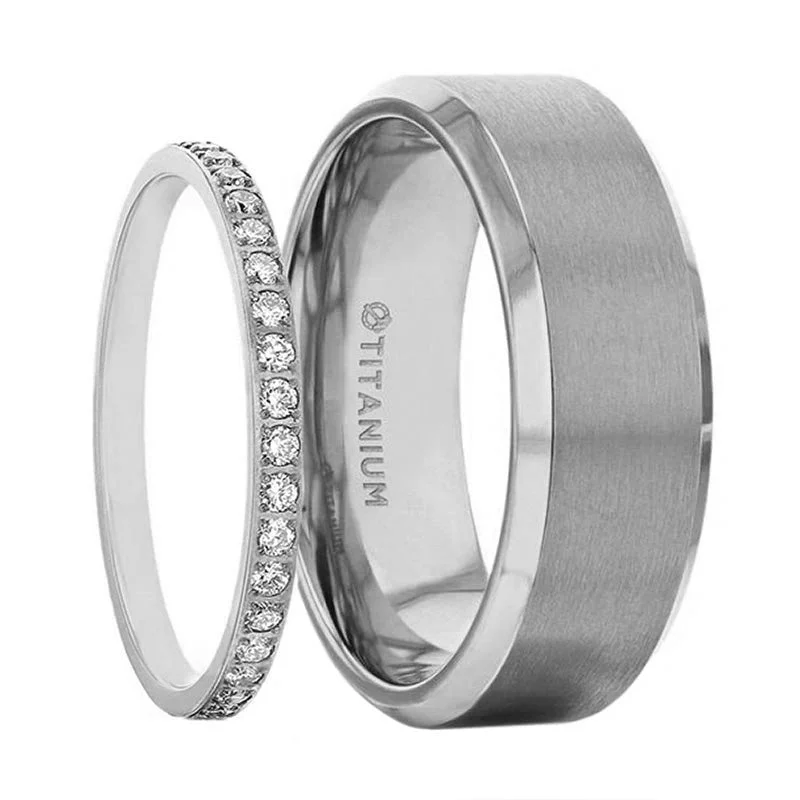 Rings Contour Variety-Titanium & Lab-Created Diamonds Couple's Matching Wedding Band Set