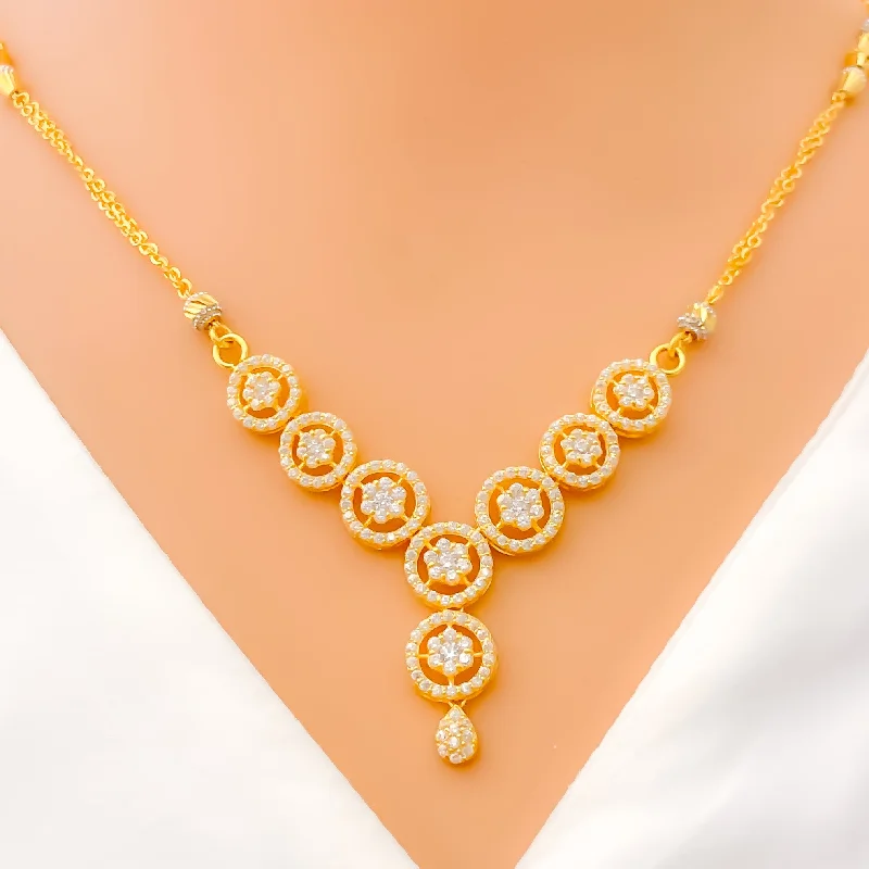 Necklaces For Wavy Hair-Bold Geometric Halo Flower 22k Gold CZ Necklace Set