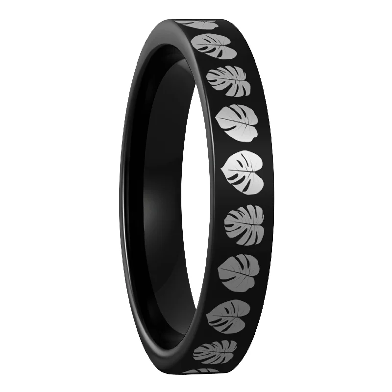 Rings For Avant-Garde Spirits-Monsterra Leaves Black Tungsten Women's Wedding Band