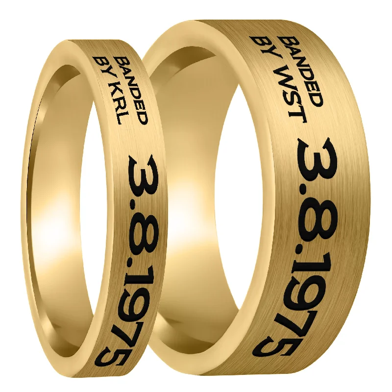 Rings For Rugged Days-Duck Band Style Custom Engraved Brushed Gold Tungsten Couple's Matching Ring Set