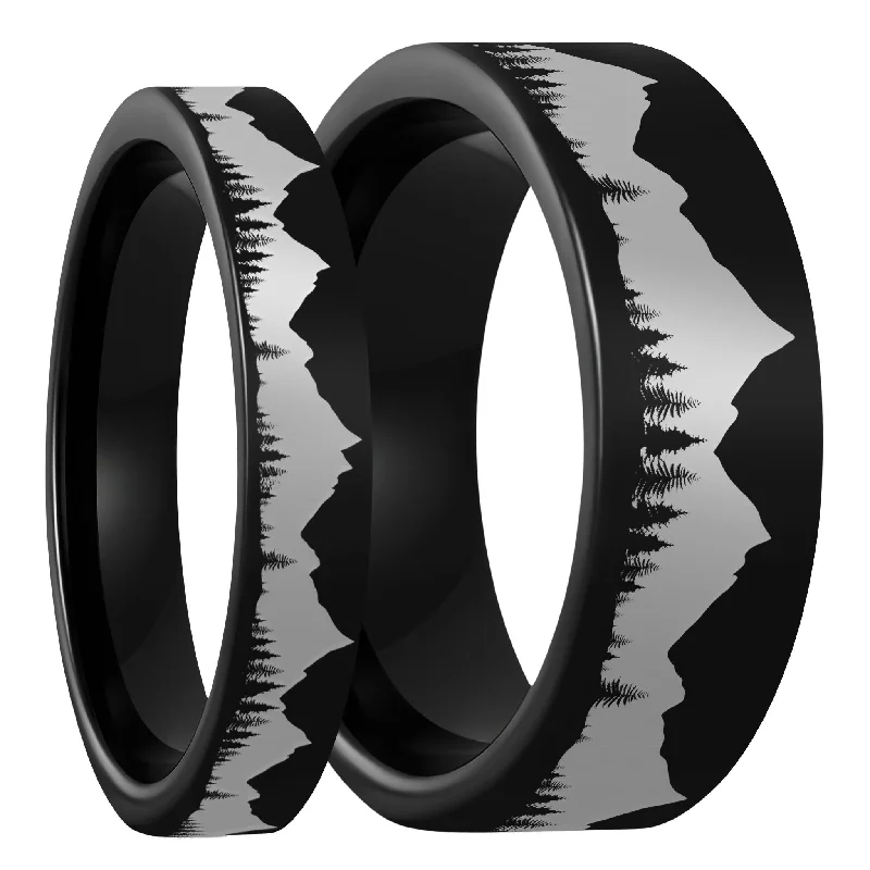 Rings Slip Comfort-Treeline Mountains Black Tungsten Couple's Matching Wedding Band Set