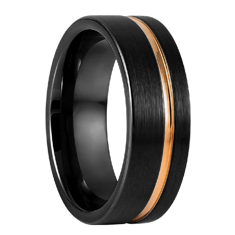 Rings For Mountain Treks-Black Tungsten Men's Wedding Band with Asymmetrical Rose Gold Groove