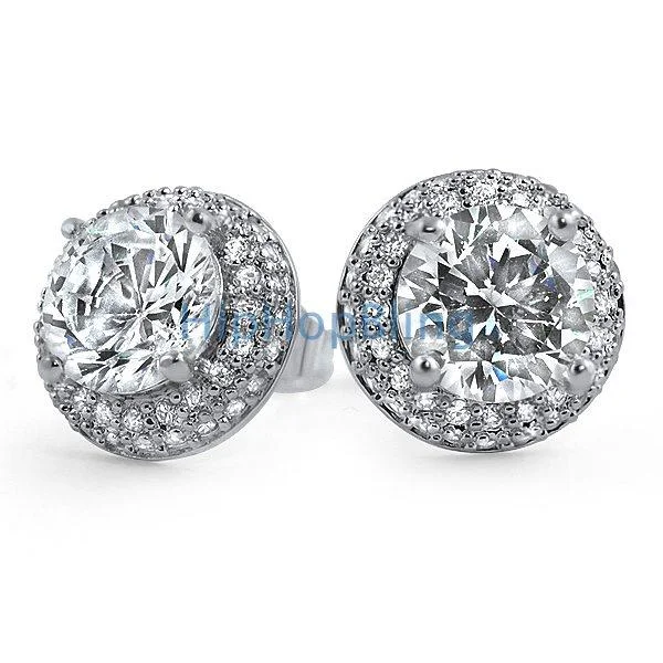 Earrings For Ball Nights-Solitaire CZ Center Micro Pave Border Earrings