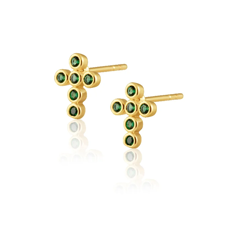 Earrings With Faded Tones-Mimi Cross Studs - Emerald