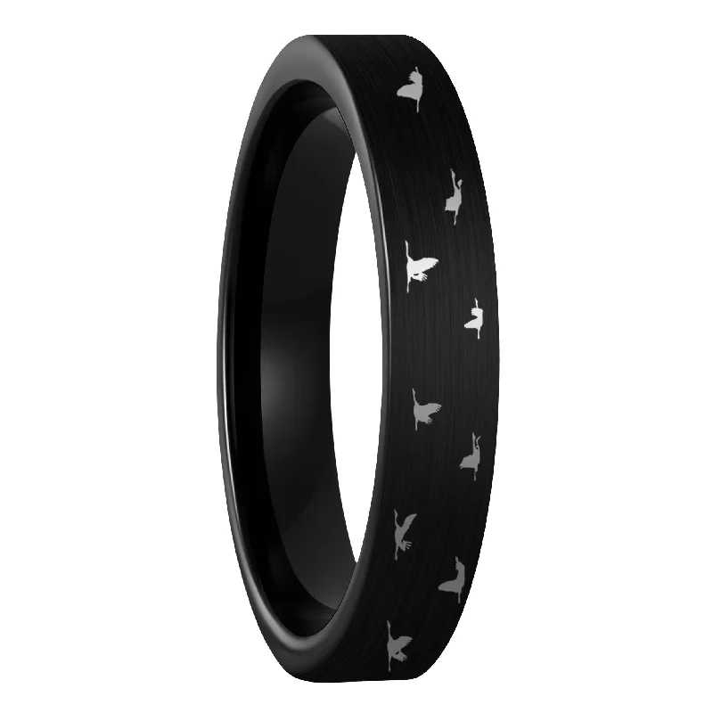 Rings With Filigree Details-Bird Flock Brushed Black Tungsten Women's Wedding Band