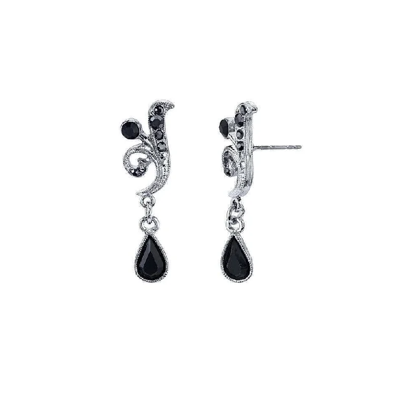 Earrings For Tween Years-Antiquities Couture Black And Hematite Color Crystal Vine Drop Earrings