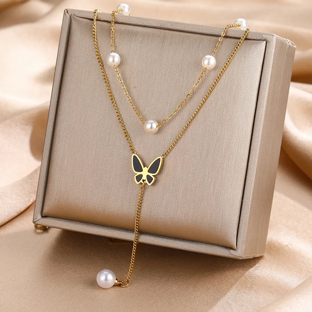 Best Flat Necklaces-Titanium Steel IG Style Butterfly Plating Inlay Artificial Pearls Double Layer Necklaces