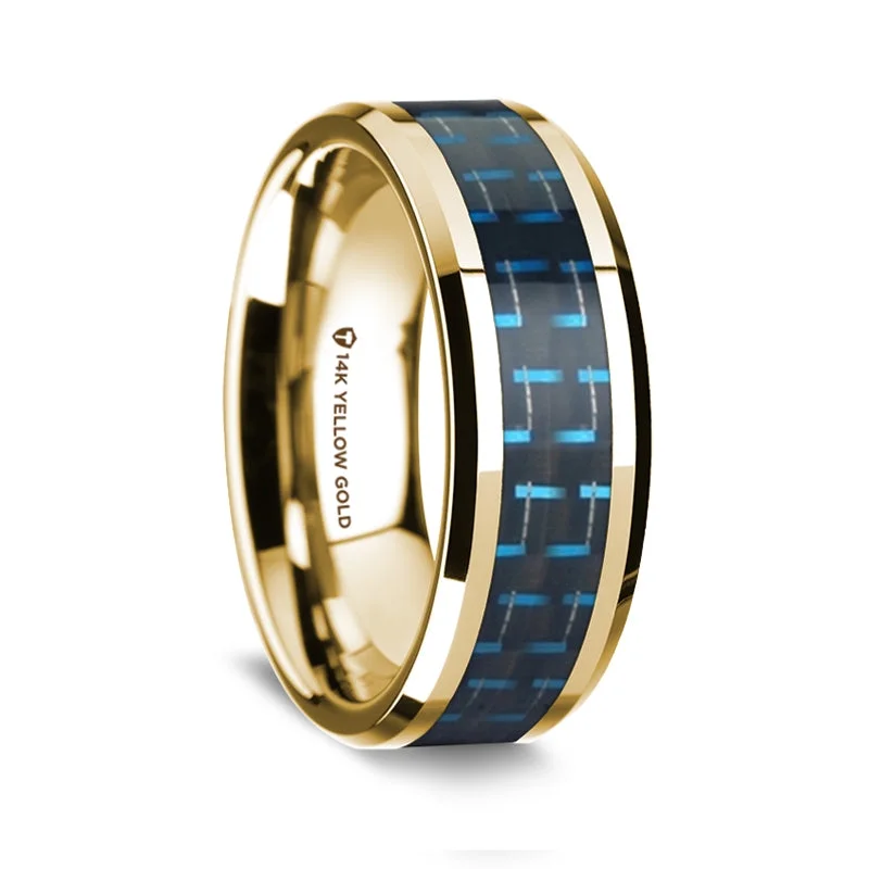 Best Thrift Rings-14k Yellow Gold Men's Wedding Band with Black & Blue Carbon Fiber Inlay