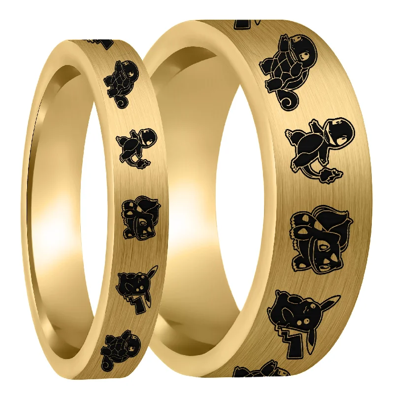 Rings For Scarf Pairings-Pokemon Brushed Gold Tungsten Couple's Matching Wedding Band Set