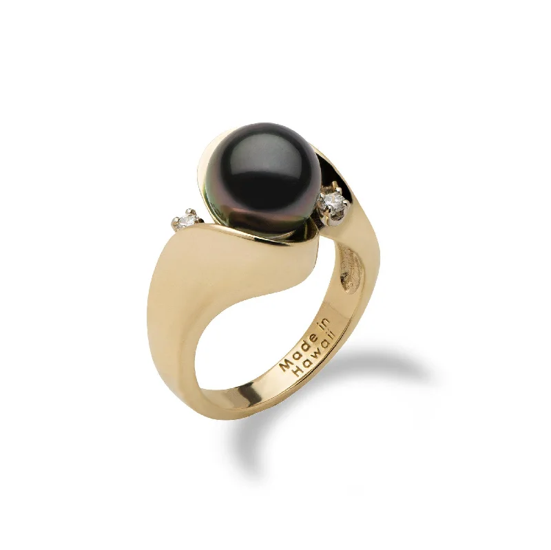 Best Singular Rings-Tahitian Black Pearl Ring in Gold with Diamonds - 9-10mm