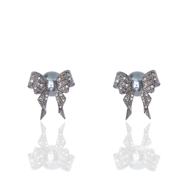 Long Glow Earrings-Diamonique Bow Double Studs - Gray