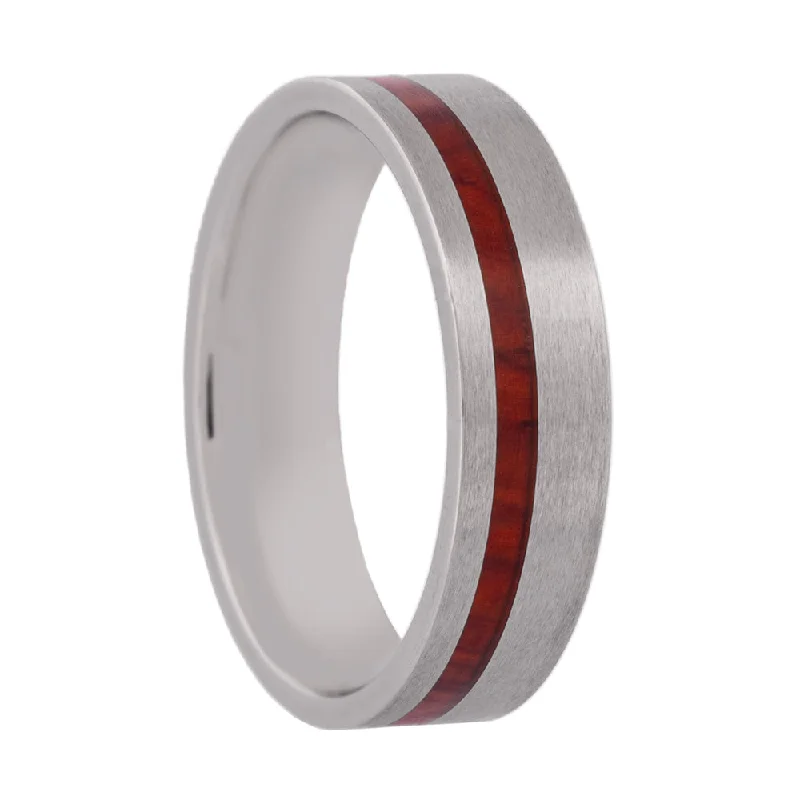 Rings For Sleek Wrists-Titanium Wedding Band with Asymmetrical Wood Inlay