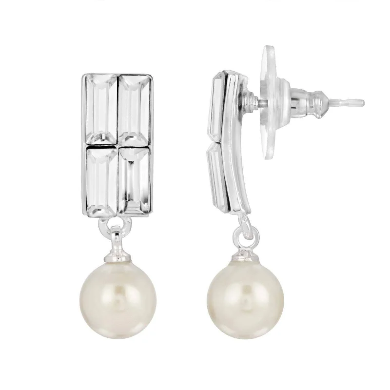 Earrings For Full Flair-1928 Jewelry Rectangular Clear Crystal & Faux Pearl Post Drop Earrings