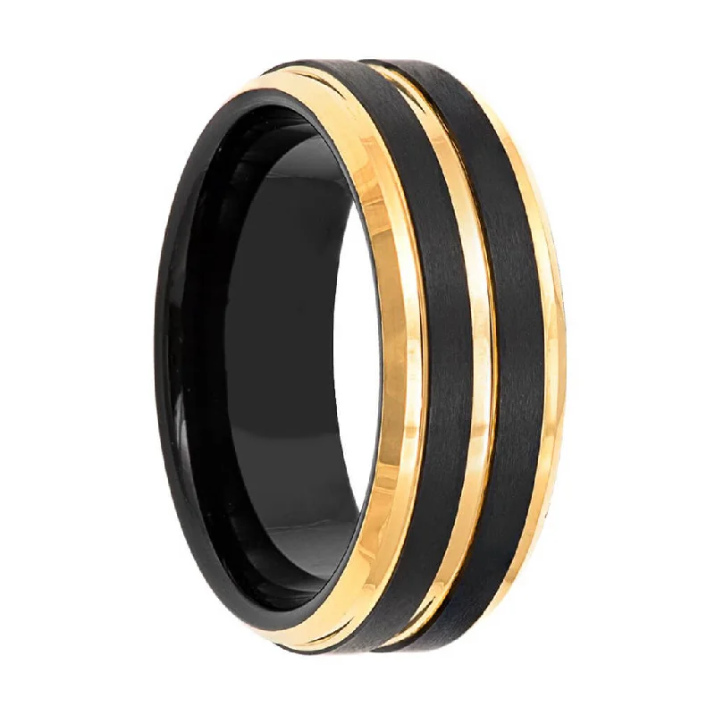 Elite Rings For Quiet Confidence-Gold Grooved Black Tungsten Men's Wedding Band