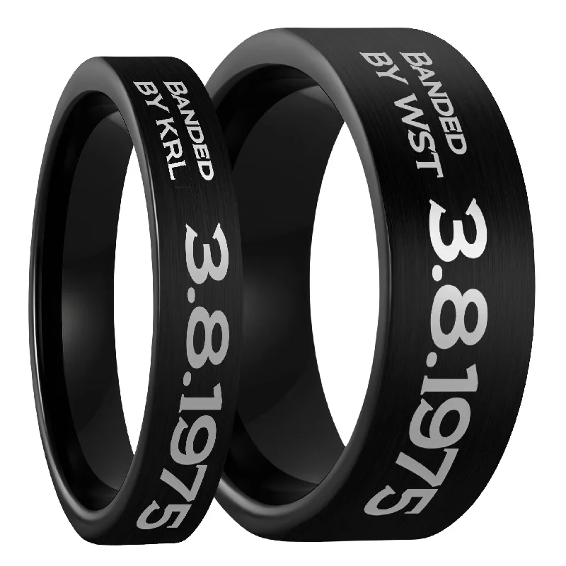 Elite Rings For Quiet Confidence-Duck Band Style Custom Engraved Brushed Black Tungsten Couple's Matching Ring Set