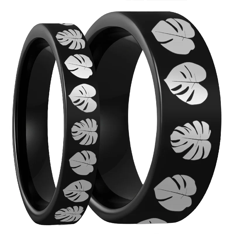 Rings For Mellow Shine-Monsterra Leaves Black Tungsten Couple's Matching Wedding Band Set