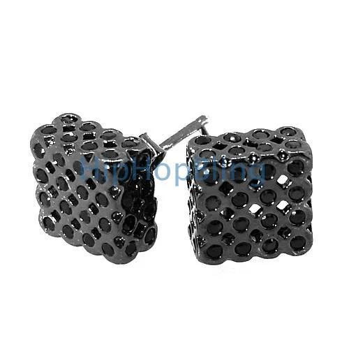 Earrings Feel Ease-Black 3D LG CZ Bezel Box .925 Silver Hip Hop Earrings