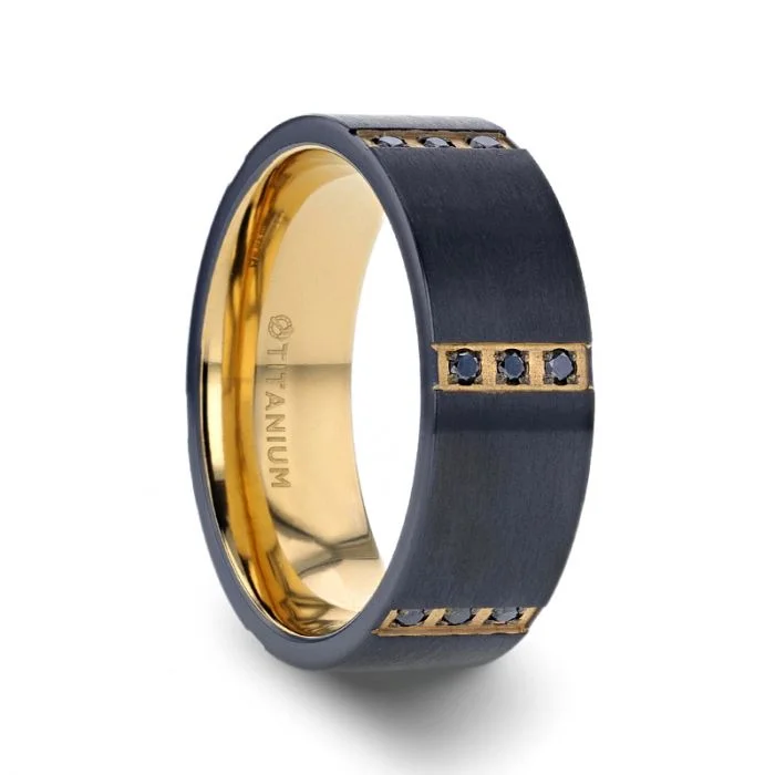 Rings For Tousled Waves-Gold-Plated Black Titanium Wedding Band with Black Diamonds