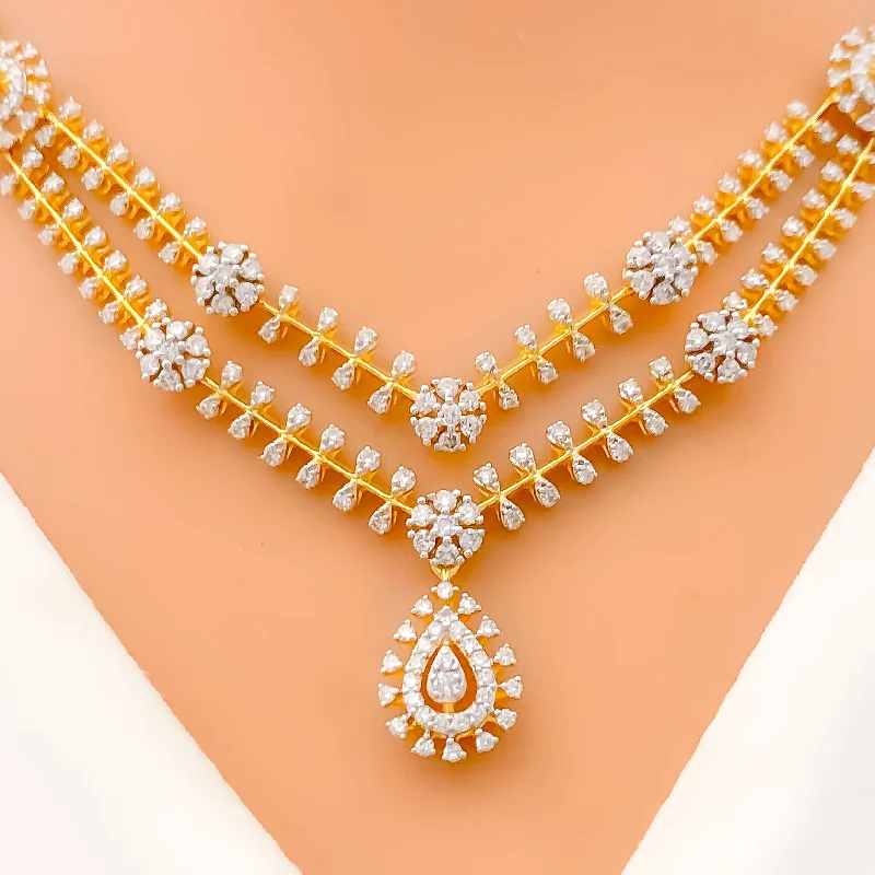 Necklaces For Arm Bands-Decorative Alternating Diamond Flower + 18k Gold Necklace Set