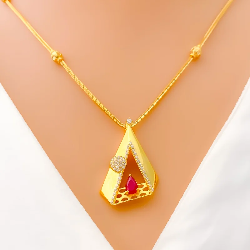 Necklaces For Crew Flair-Twinkling Triangle 22k Gold CZ Necklace Set