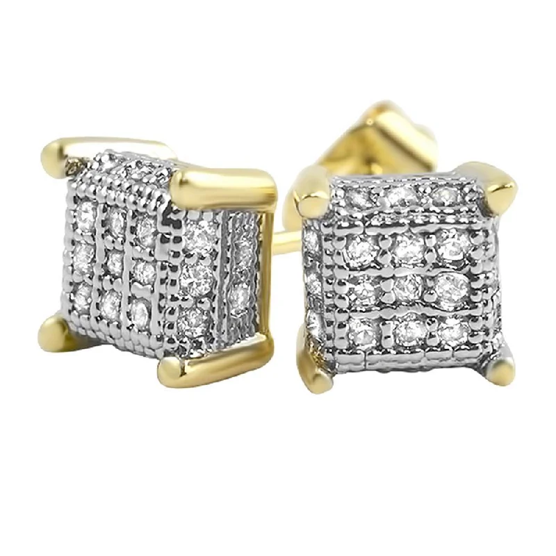 Earrings Clasp Hold-Small 3D Cube Gold CZ Micro Pave Iced Out Earrings