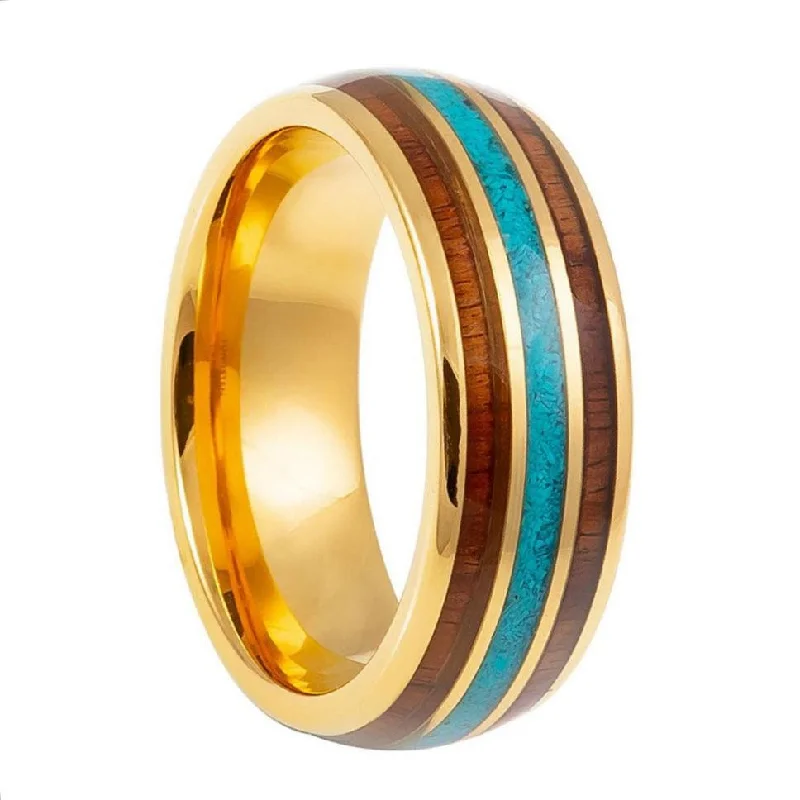 Cool Rings For Calm-Yellow Gold Tungsten Men's Wedding Band with Turquoise & Wood Inlays