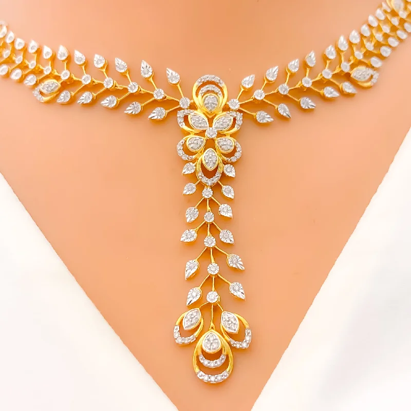 Most Firm Necklaces-Delicate Floral Vine Diamond + 18k Gold Necklace Set