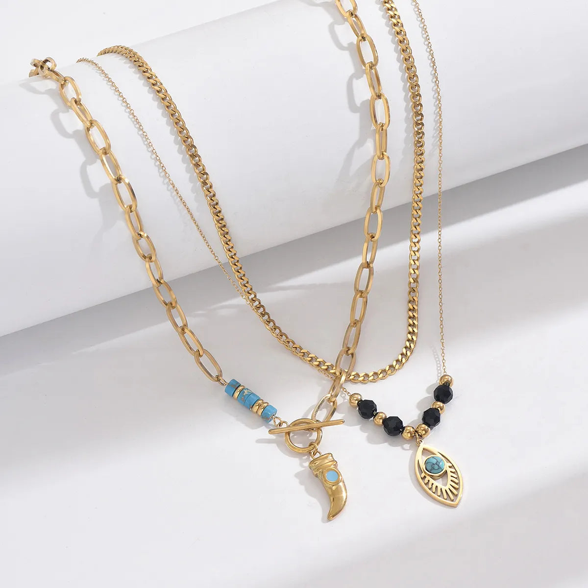 Necklaces Bulk Rating-Vacation Ethnic Style Horns Eye Stainless Steel Enamel Plating Inlay Turquoise Resin 14k Gold Plated Necklace