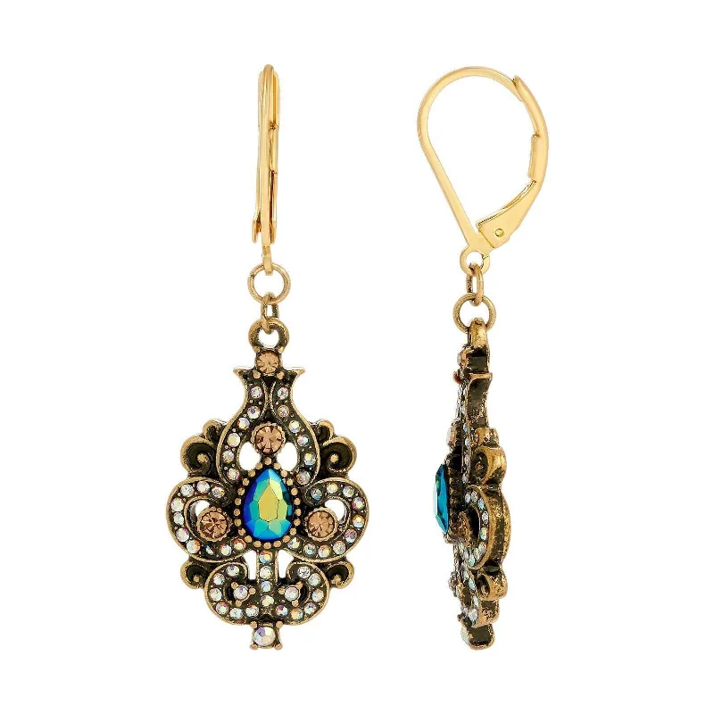 Earrings Glaze Guide-1928 Jewelry Peacock Plumage Art Nouveau Style Blue Iridescent AB Glass Drop Earrings