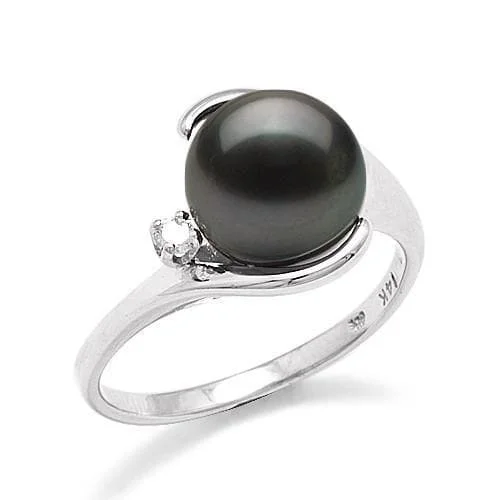 Rings For Masquerade Balls-Tahitian Black Pearl Ring in White Gold with Diamond - 9-10mm