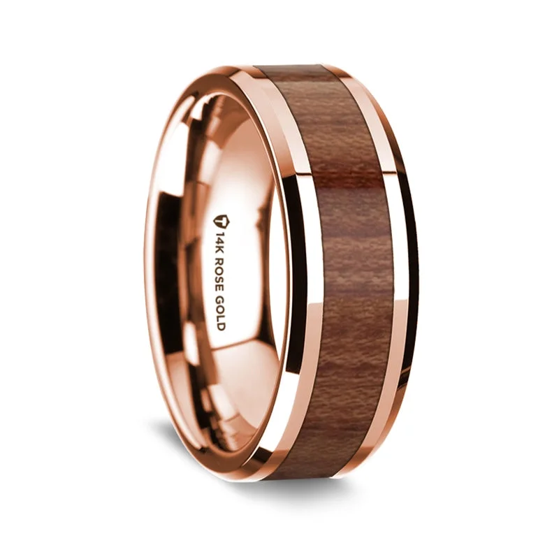 Rings For Timeless Wearers-14k Rose Gold Men's Wedding Band with Rosewood Inlay