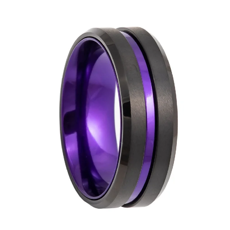 Rings For Breezy Wear-Black Tungsten Men's Wedding Band with Purple Groove