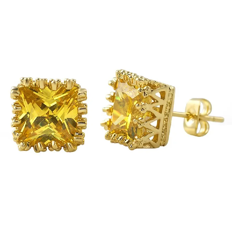 Earrings For Thick Sets-Canary Gold Big Crown Princess Cut CZ Earrings