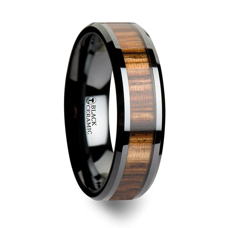 Rings For Midnight Revelry-Black Ceramic Women's Wedding Band with Zebra Wood Inlay