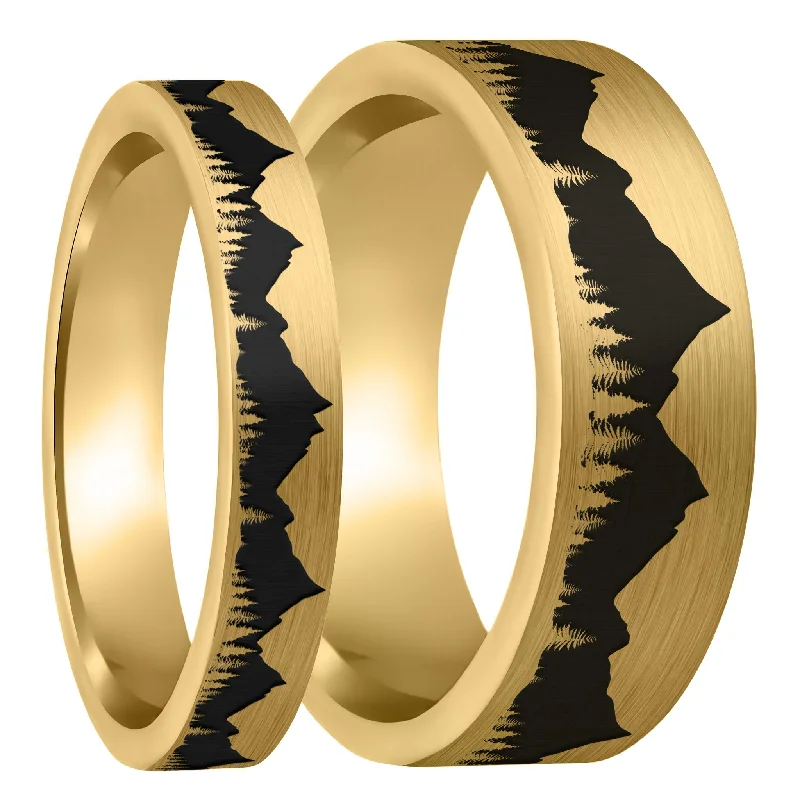 Rings Cult Favorites-Treeline Mountains Brushed Gold Tungsten Couple's Matching Wedding Band Set