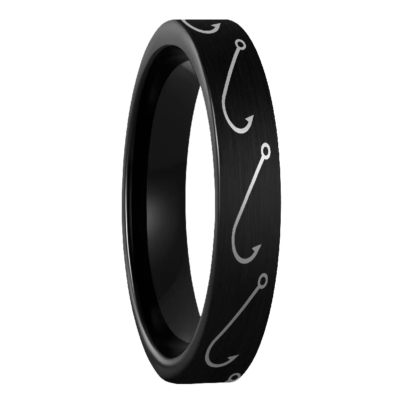 Rings For Mixed Charms-Simple Fishing Hook Brushed Black Tungsten Women's Wedding Band